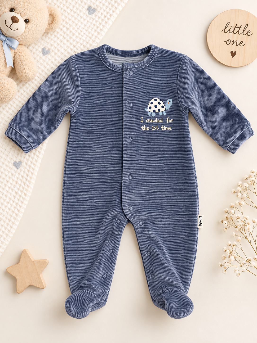 Tutina Neonato in Ciniglia Blu con Tartarughina Ricamata