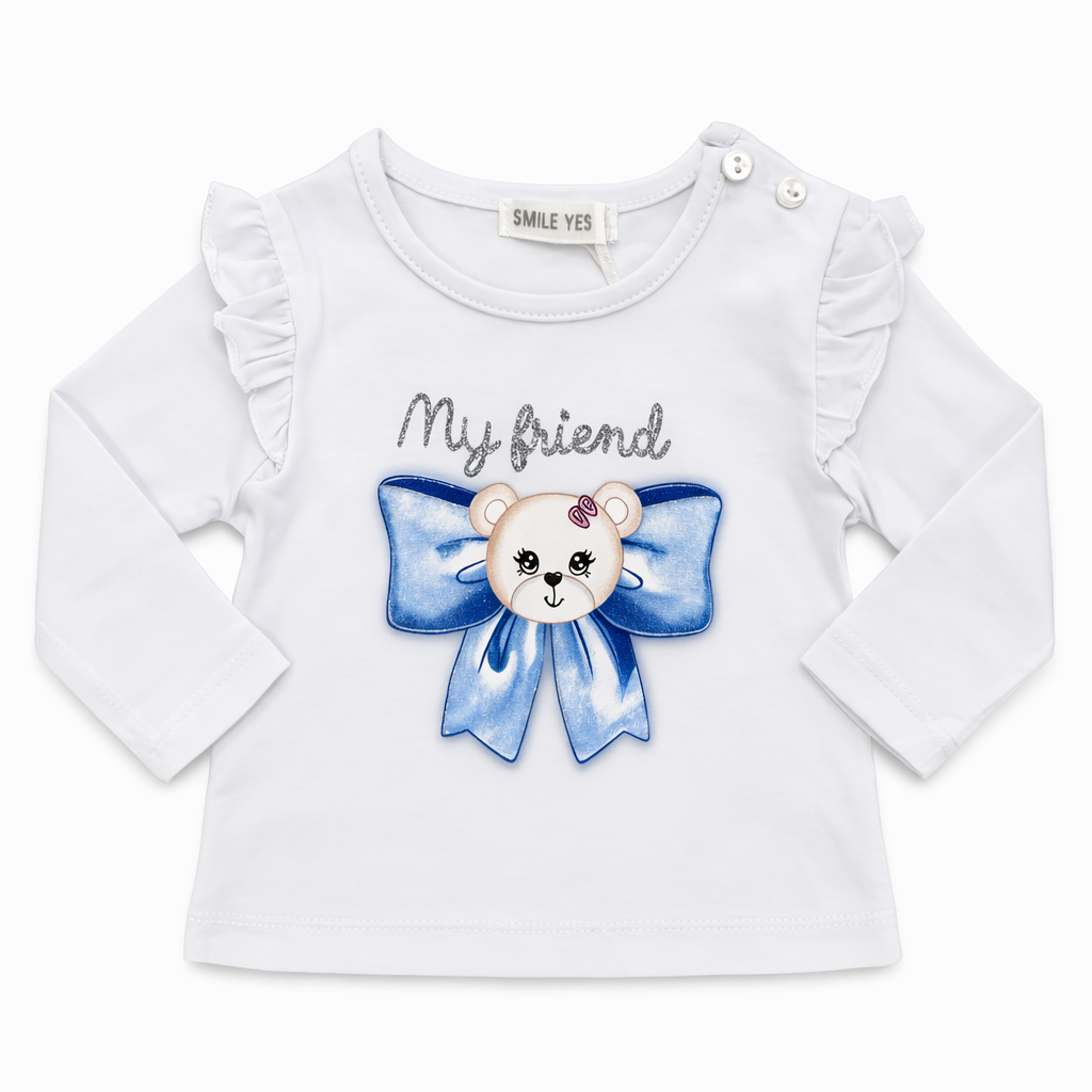 Maglia bambina bianca con orsetto e fiocco – cotone morbido neonata