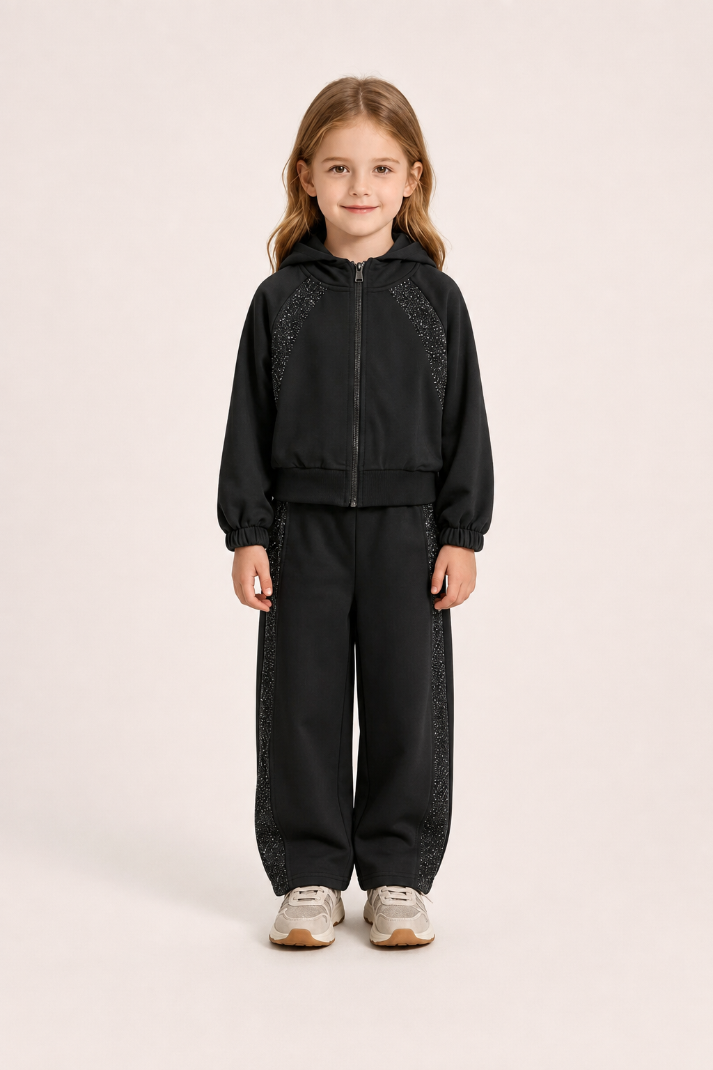 Tuta Bambina Nera con Inserti Glitter e Pantalone Wide Leg