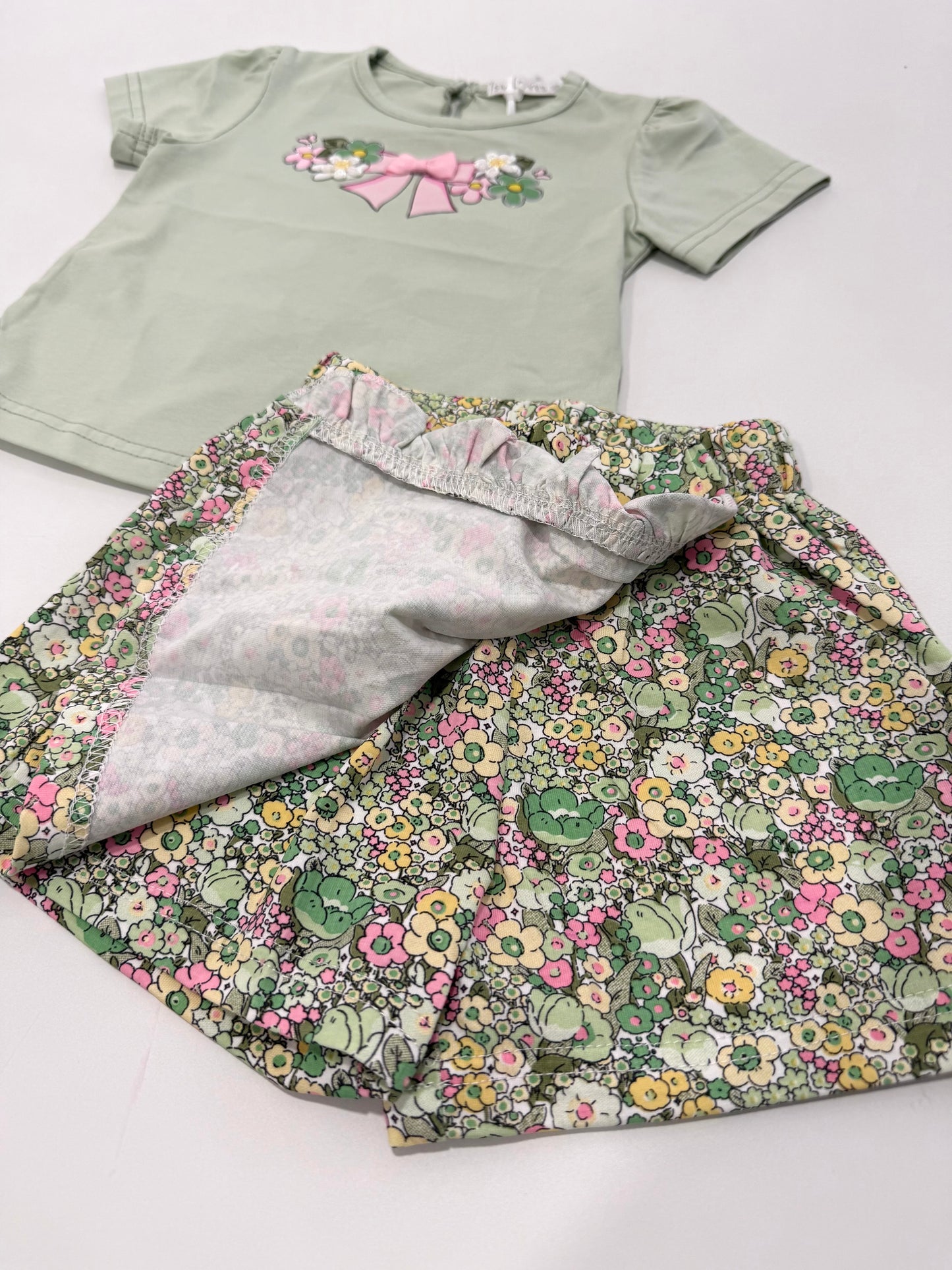 Completo Bimba con Gonna Pantalone Floreale Verde Salvia