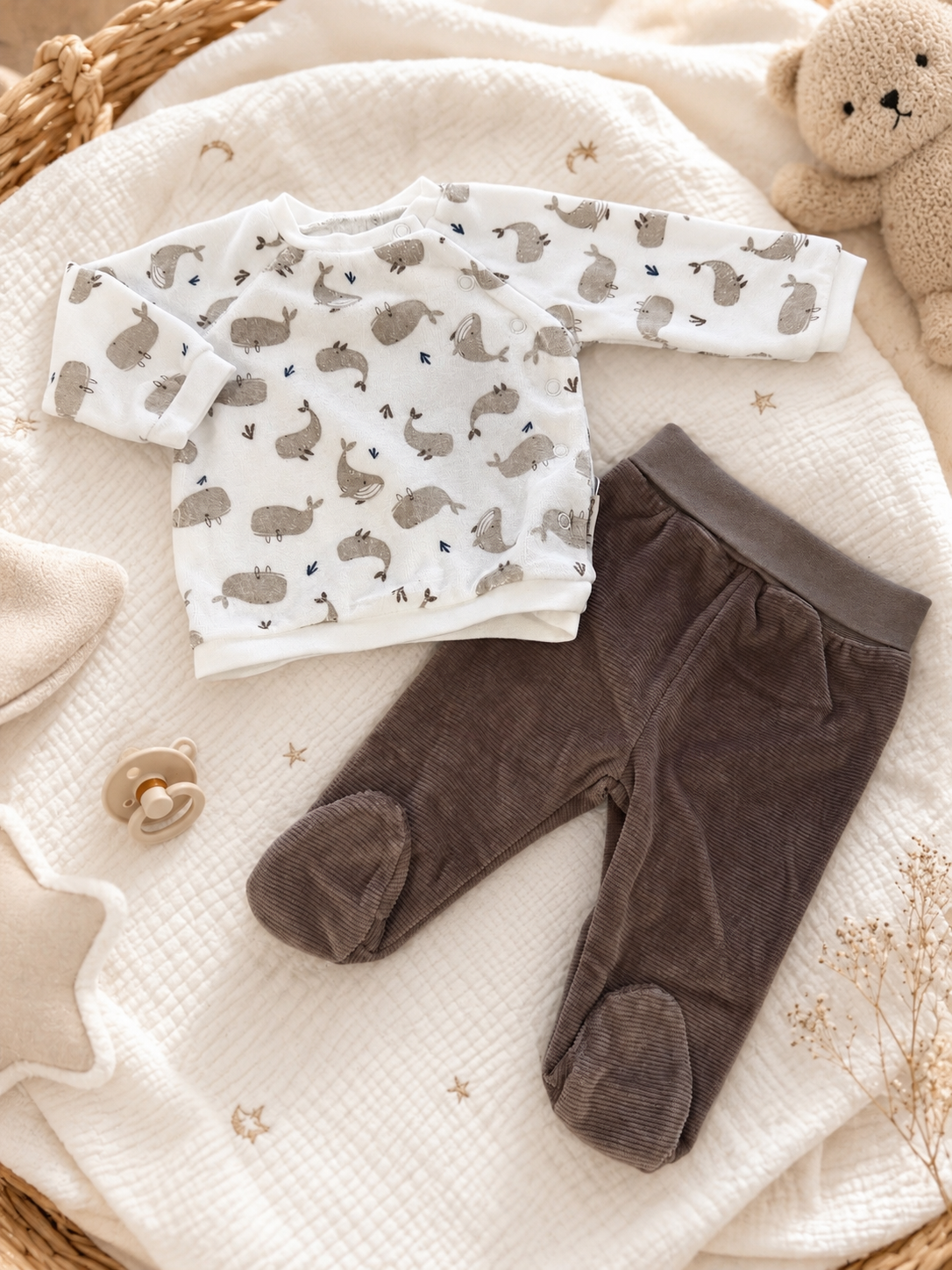 Completo neonato con maglia stampa balene e pantalone in ciniglia con piedini