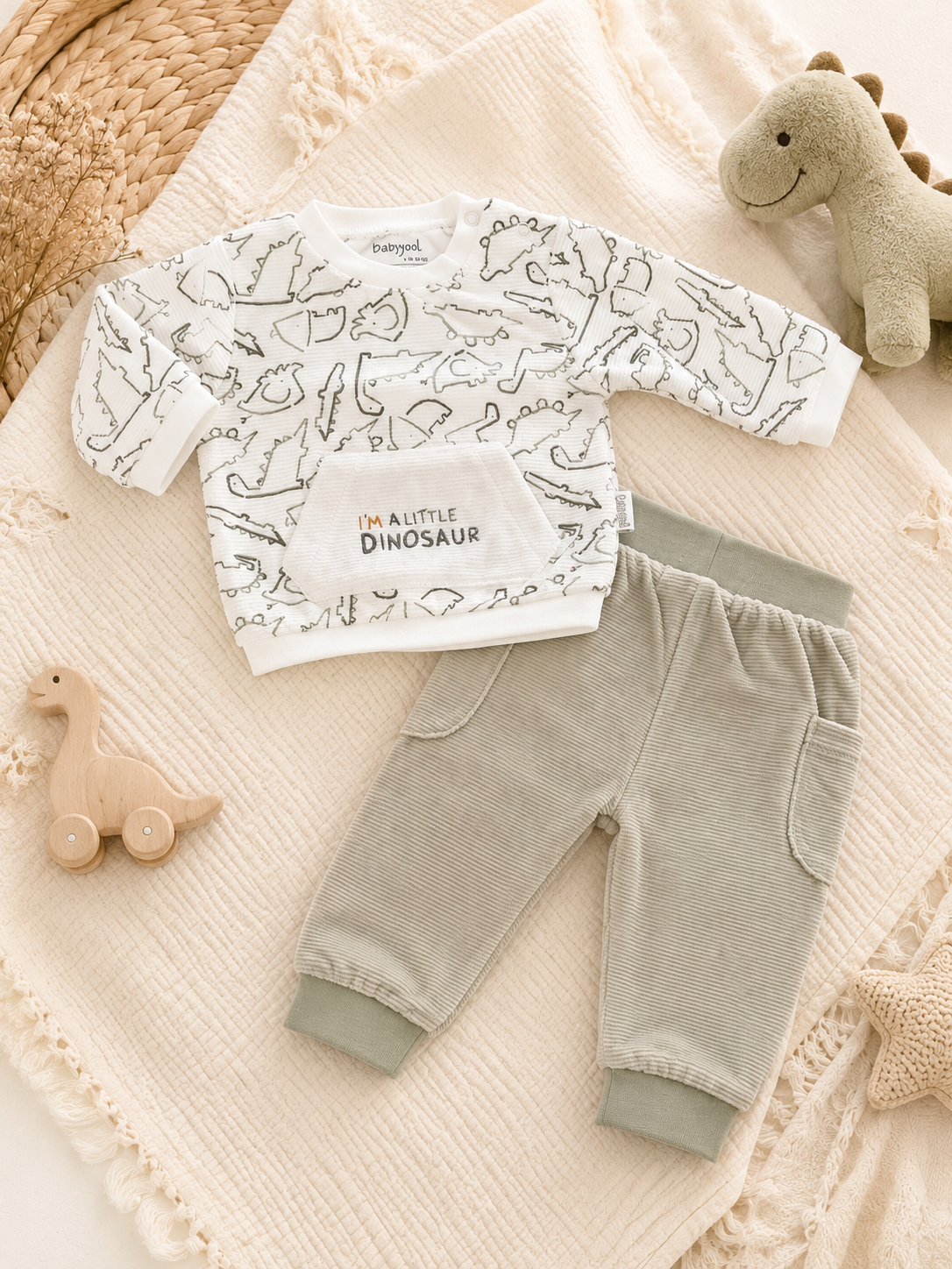 Completo neonato “I’m a Little Dinosaur” con pantalone in ciniglia
