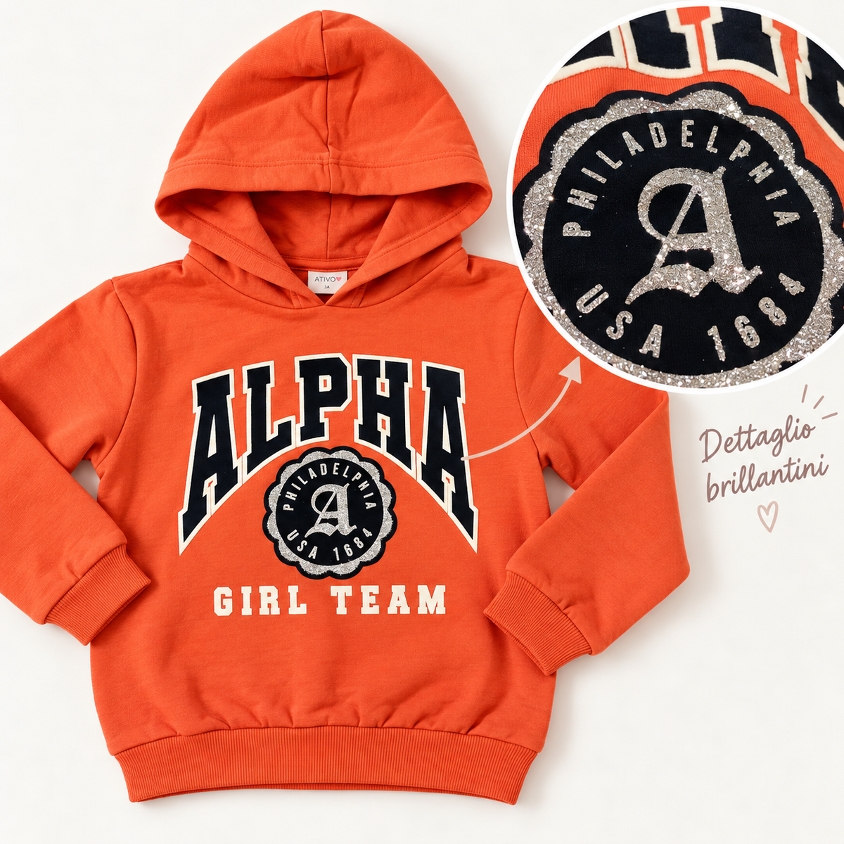 Felpa bambina arancio con cappuccio e dettagli glitter