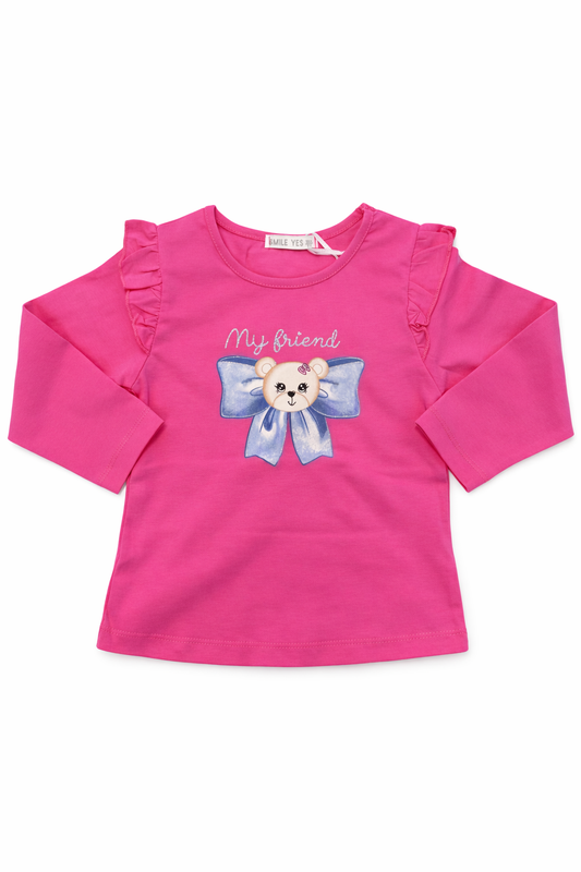 Maglia bambina fucsia con orsetto e fiocco – cotone morbido neonata