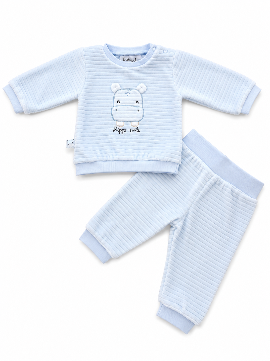 Completo neonato in ciniglia azzurro con ippopotamo