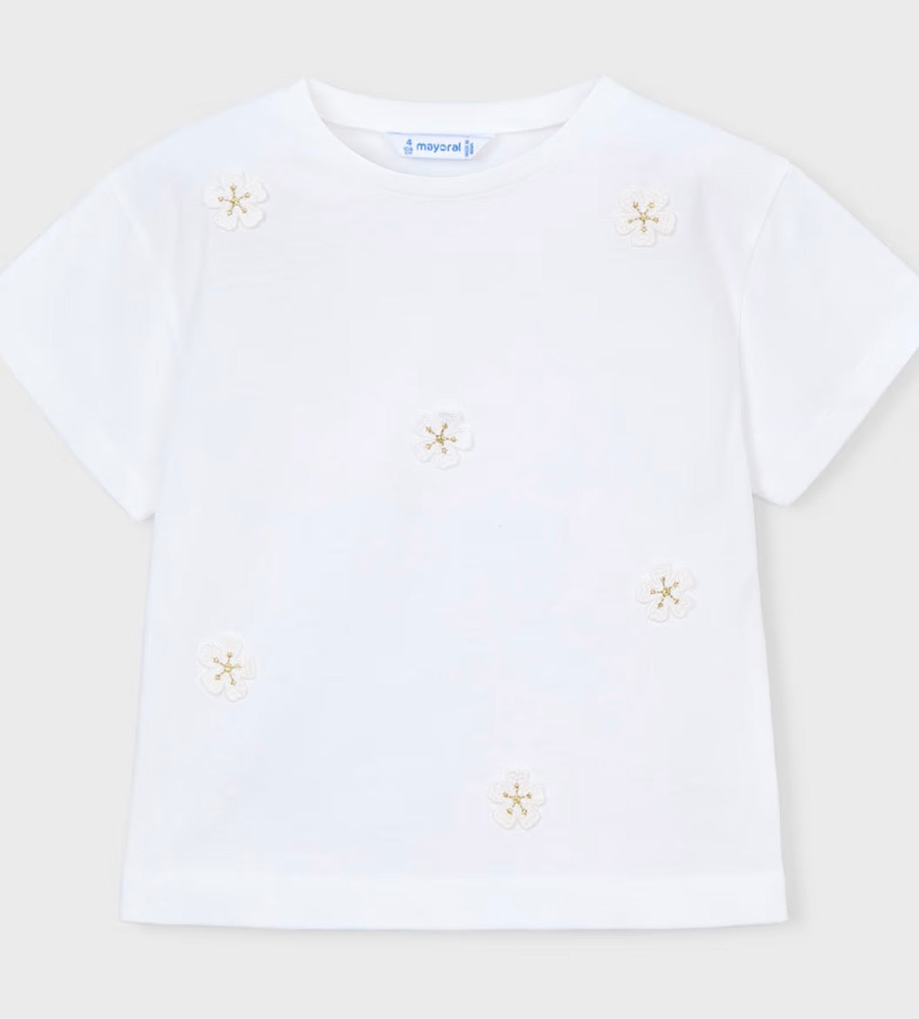 T-Shirt Bambina Bianca con Applicazioni Floreali