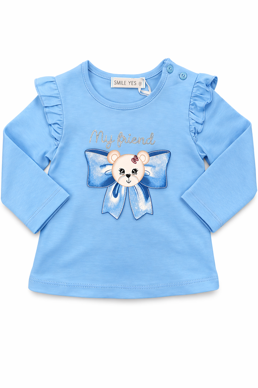 Maglia bambina azzurra con orsetto e fiocco – cotone morbido neonata