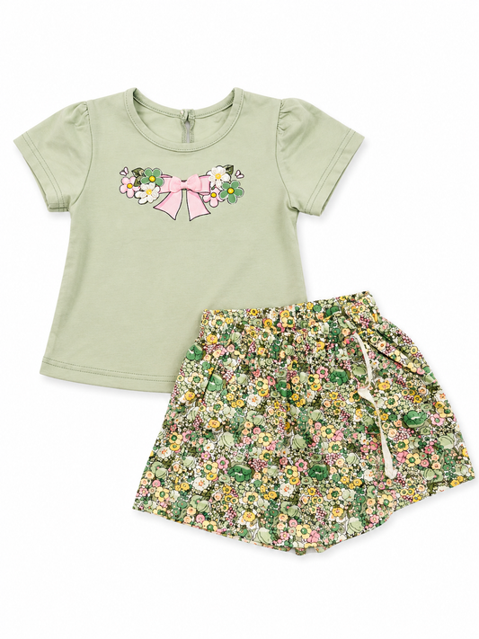 Completo Bimba con Gonna Pantalone Floreale Verde Salvia