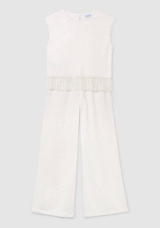 Completo Elegante Bambina Bianco con Frange e Pantalone Ampio