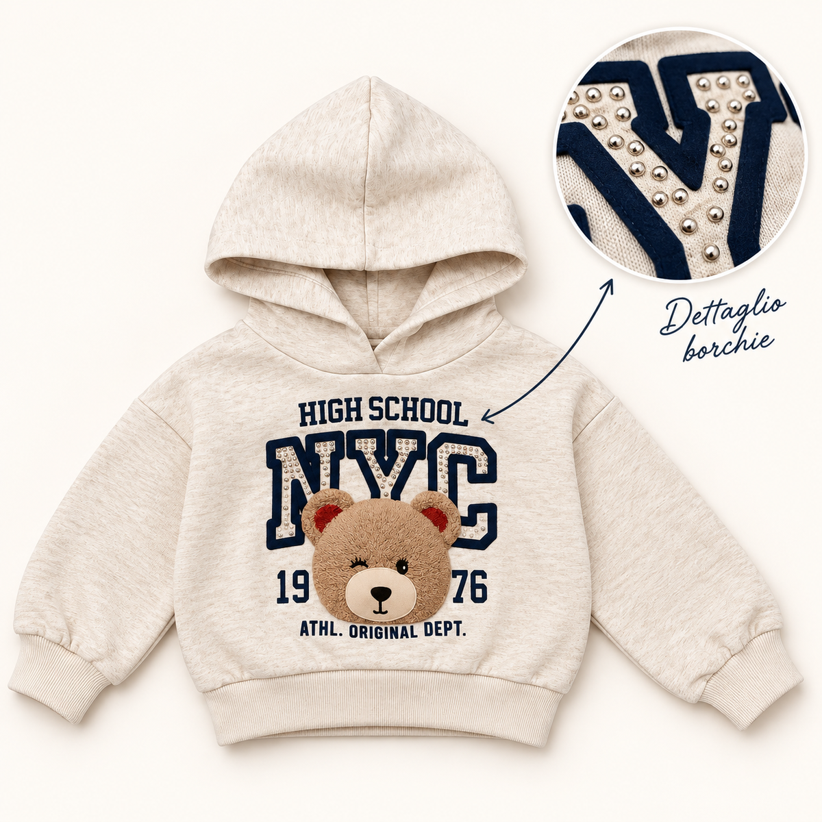 Felpa bambina beige NYC con orsetto e borchie