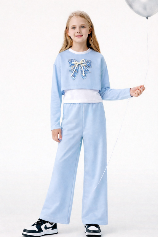 Completo bambina 3 pezzi con fiocco applicato