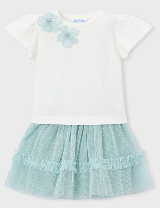 Completo bambina t-shirt panna con fiori e gonna tulle verde acqua