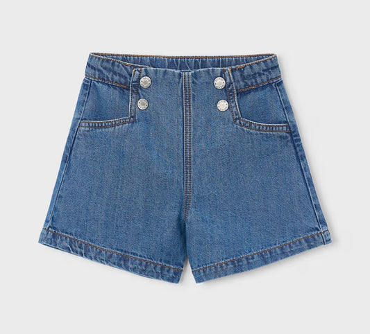 Short Bambina in Denim Vita Alta con Bottoni