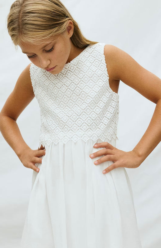 Abito Bianco Cerimonia con Corpino in Pizzo