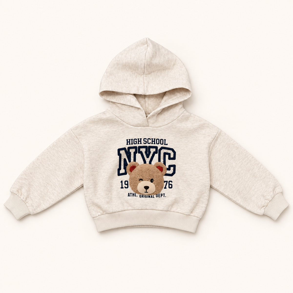 Felpa bambina beige NYC con orsetto e borchie