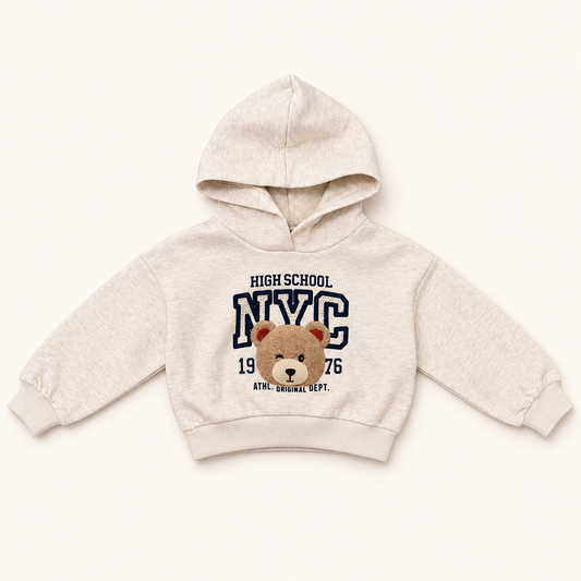 Felpa bambina beige NYC con orsetto e borchie