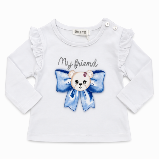 Maglia bambina bianca con orsetto e fiocco – cotone morbido neonata