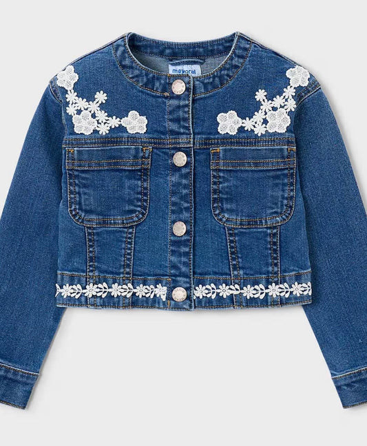 Giacca Bambina in Denim con Ricami Floreali