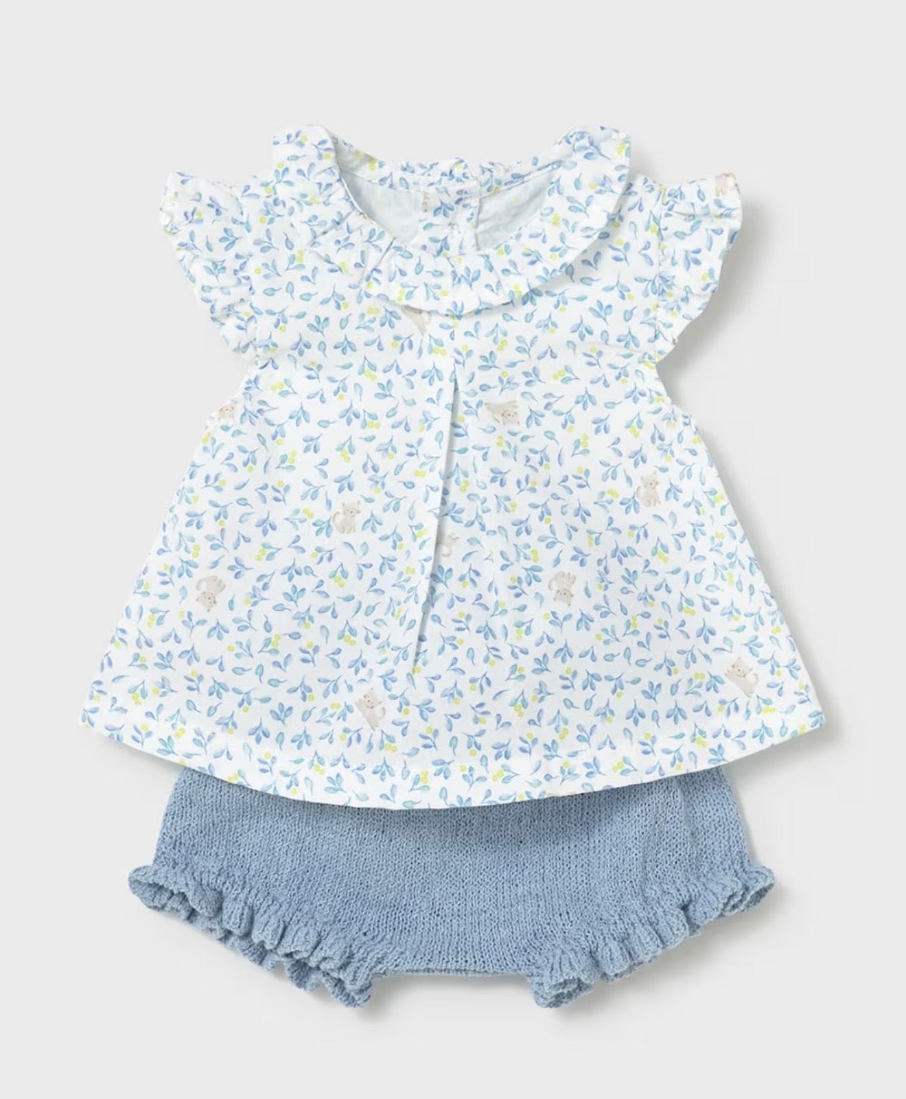 Completo neonata blusa floreale + coulotte in maglia azzurra