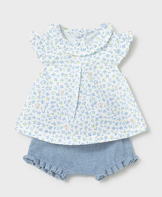Completo neonata blusa floreale + coulotte in maglia azzurra