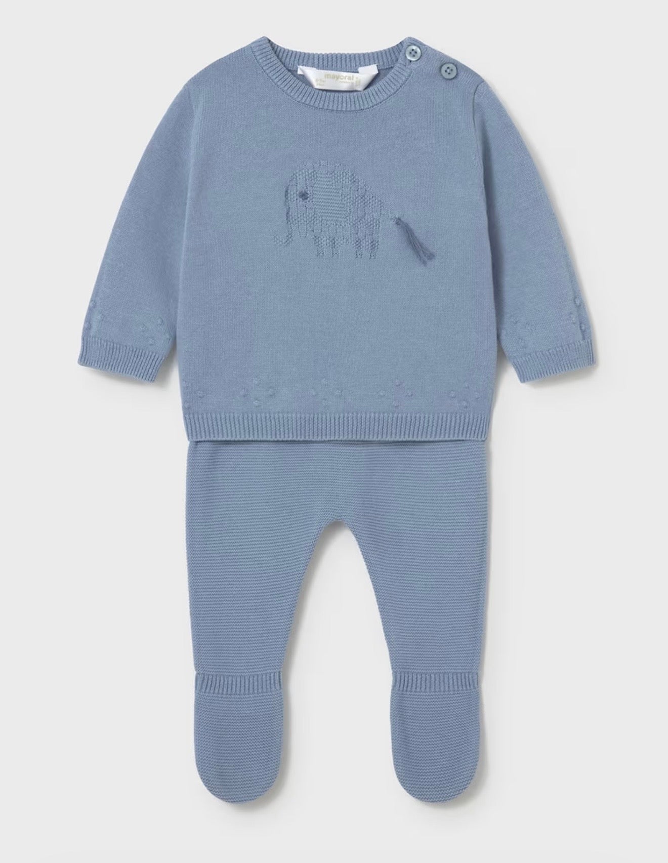 Completo neonato Mayoral azzurro in maglia con elefantino