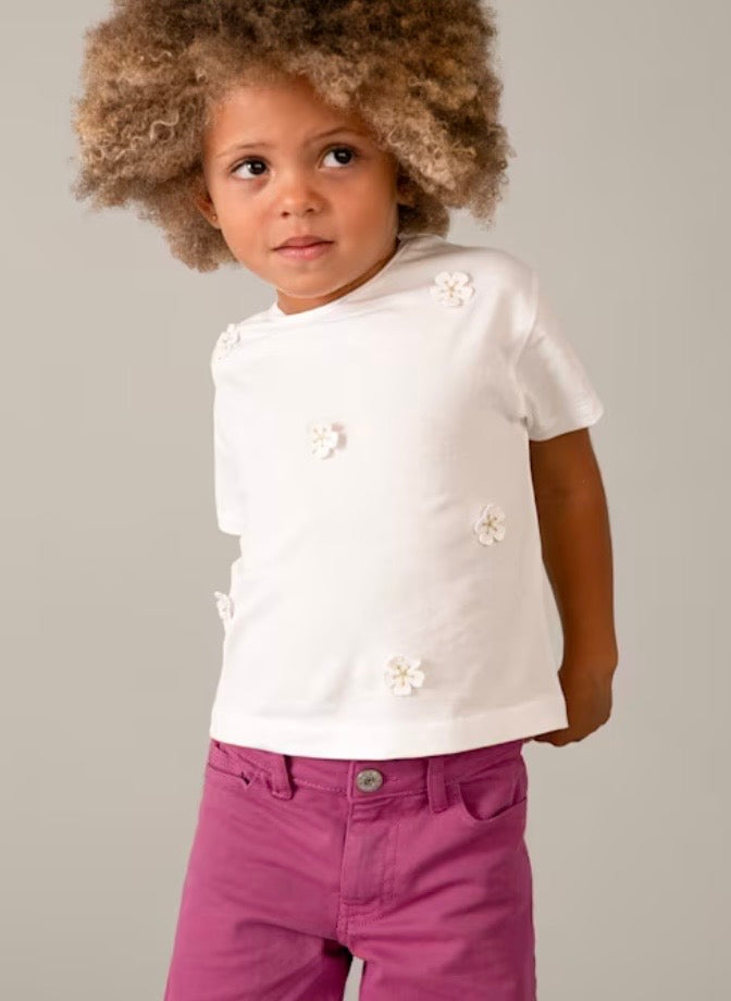 T-Shirt Bambina Bianca con Applicazioni Floreali