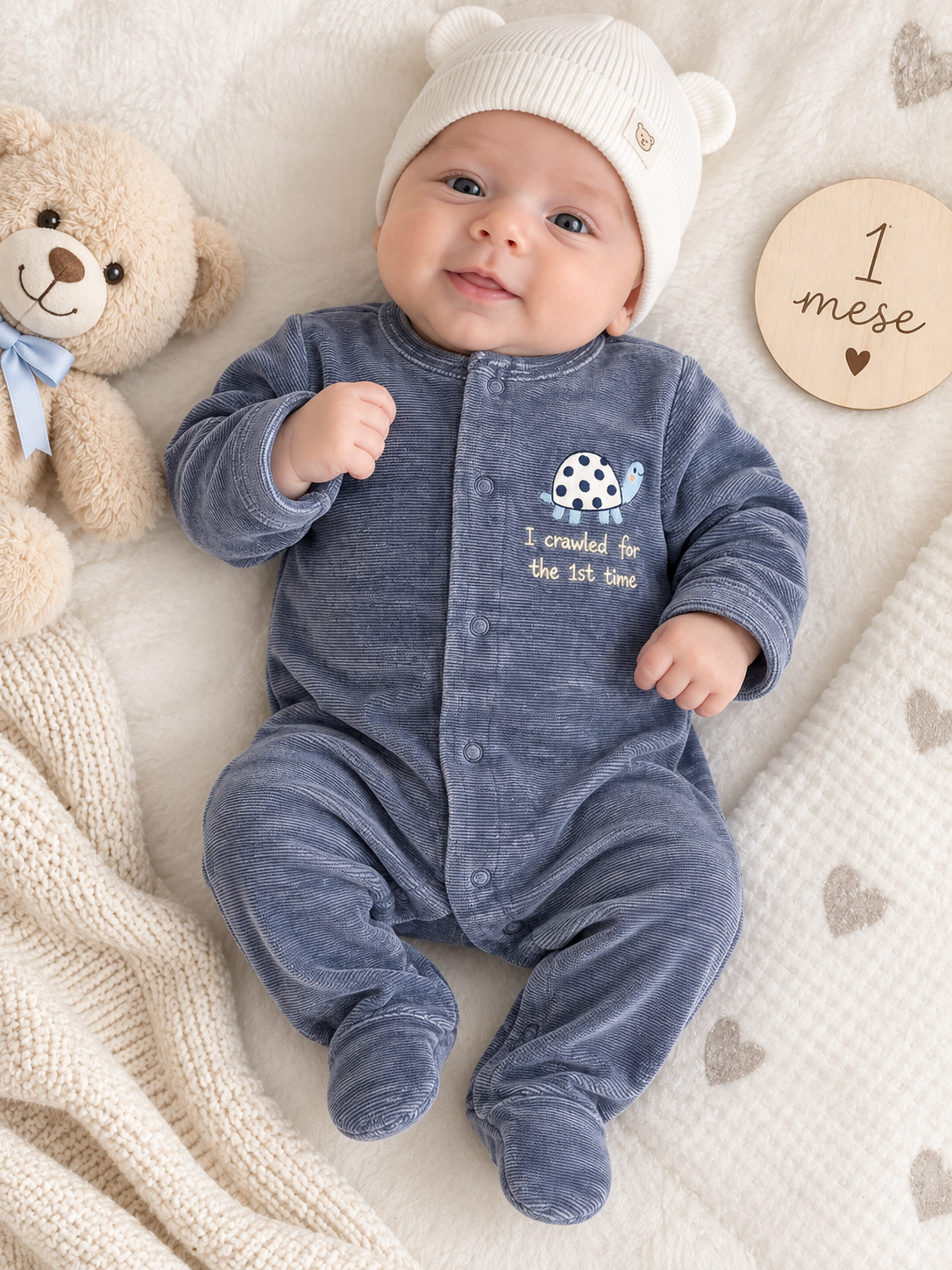 Tutina Neonato in Ciniglia Blu con Tartarughina Ricamata