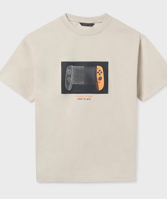 T-Shirt Bambino Beige Stampa Gaming “Turn It On”