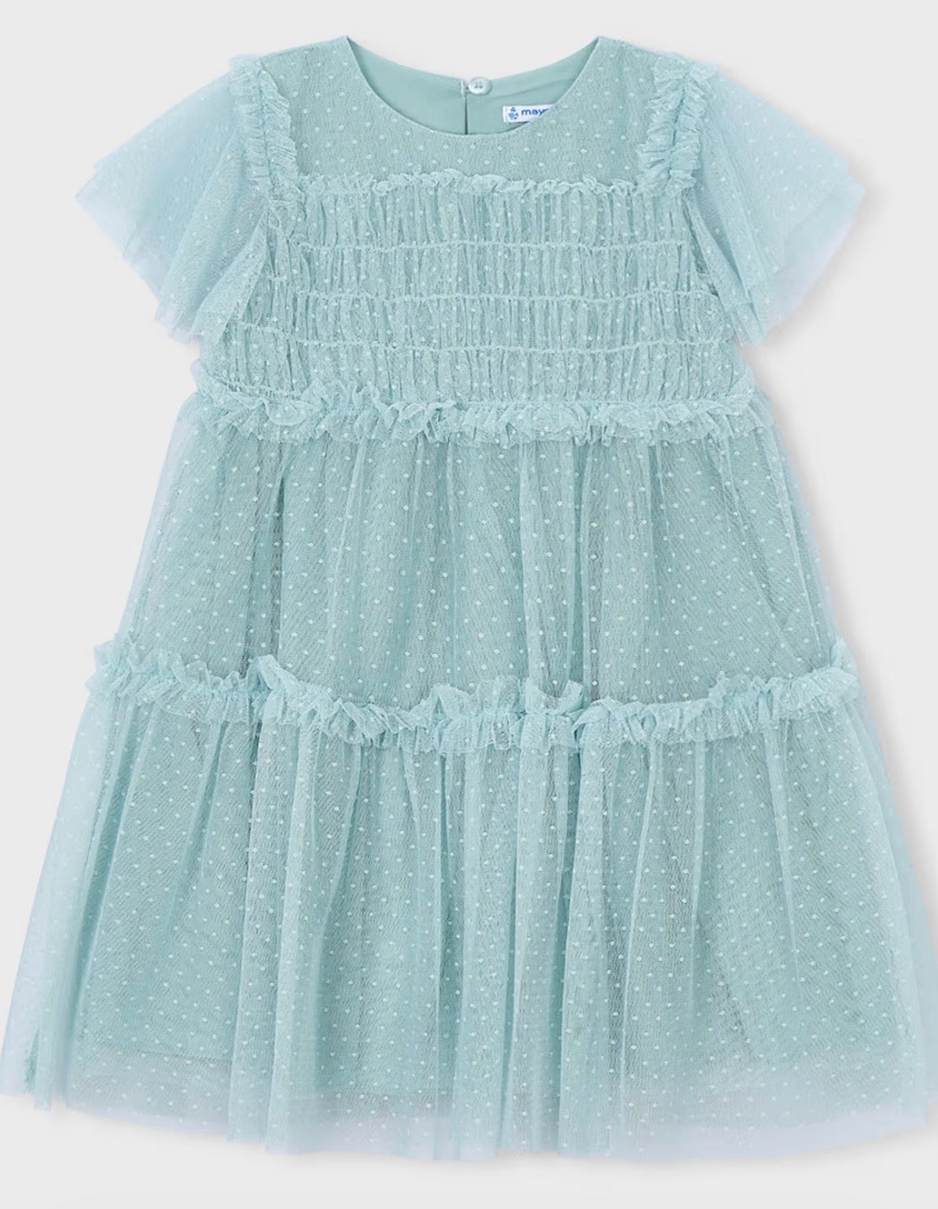 Abito Bambina in Tulle Verde Acqua con Pois e Rouches