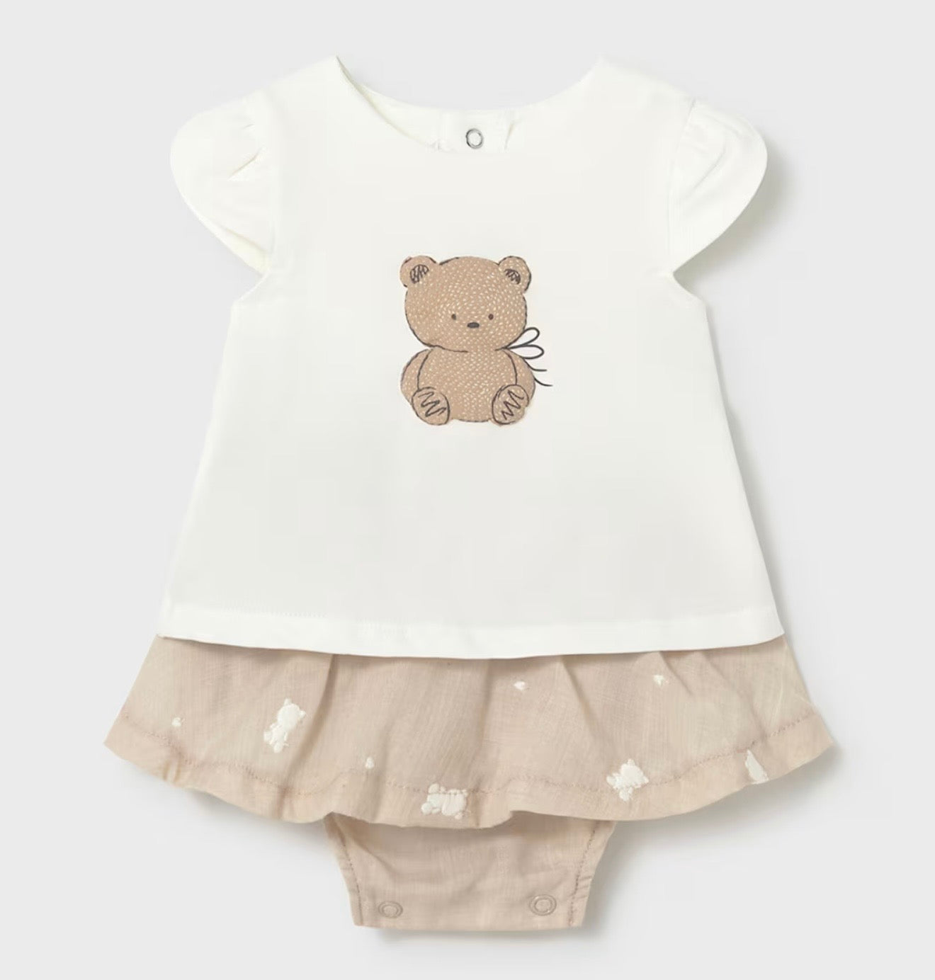 Completo neonata con orsetto e gonna beige