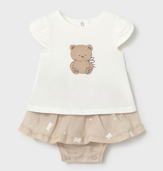 Completo neonata con orsetto e gonna beige