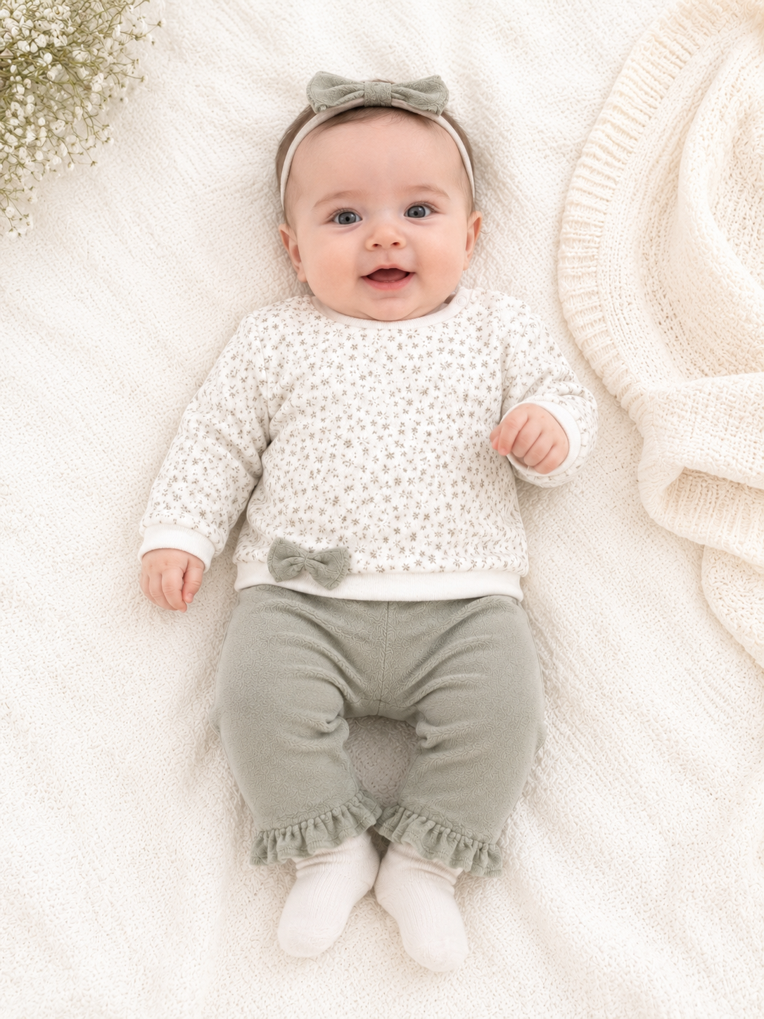 Completo neonata in ciniglia con fantasia floreale e pantaloni verde salvia