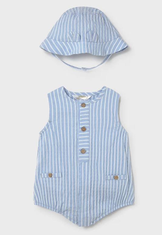 Pagliaccetto neonato Mayoral righe azzurre con cappellino