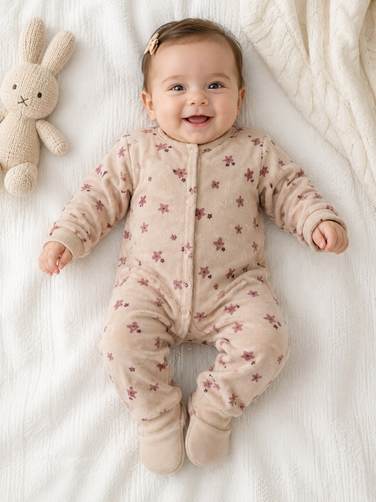 Tutina in ciniglia neonata con fantasia floreale e piede apribile