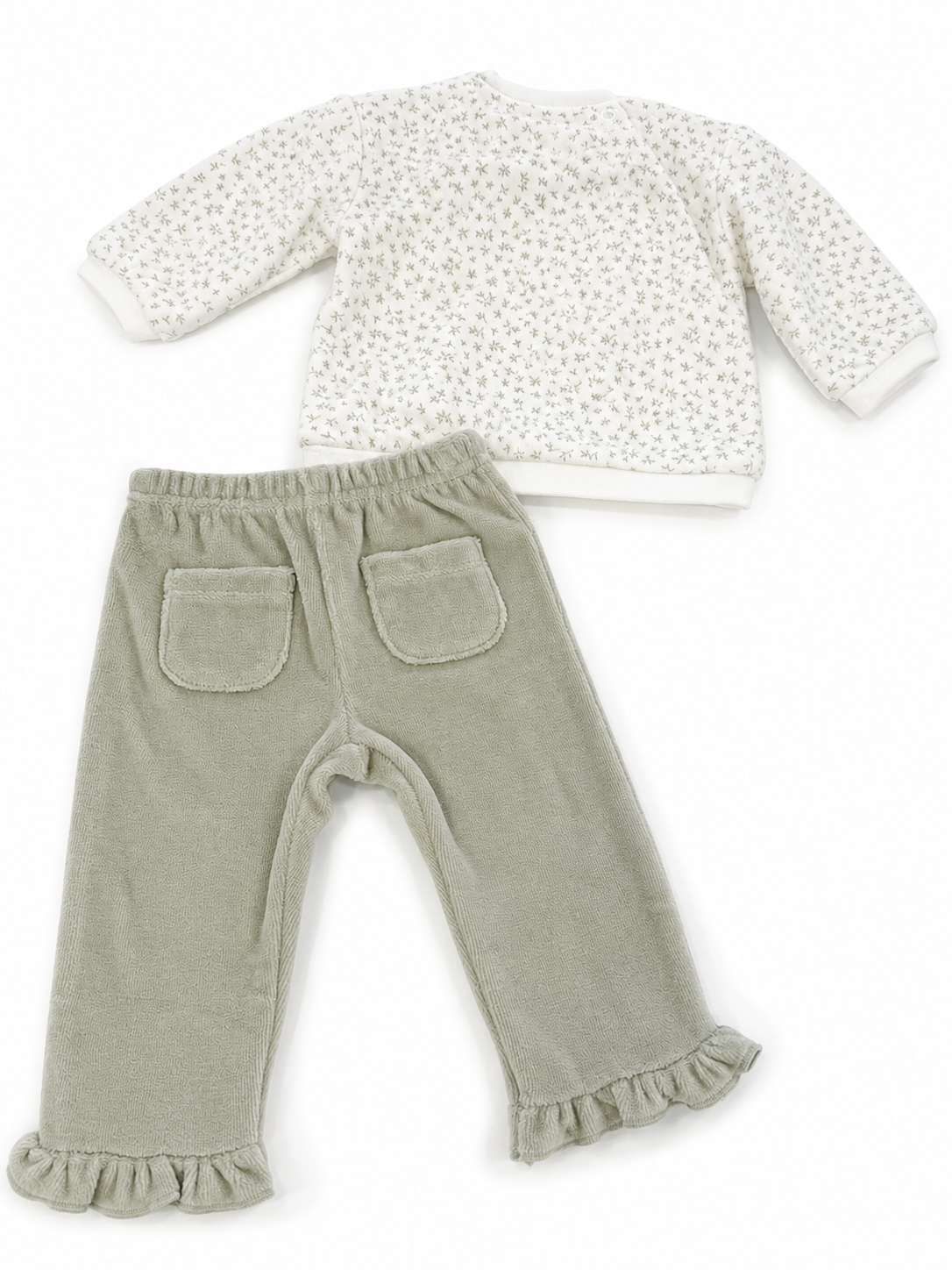 Completo neonata in ciniglia con fantasia floreale e pantaloni verde salvia