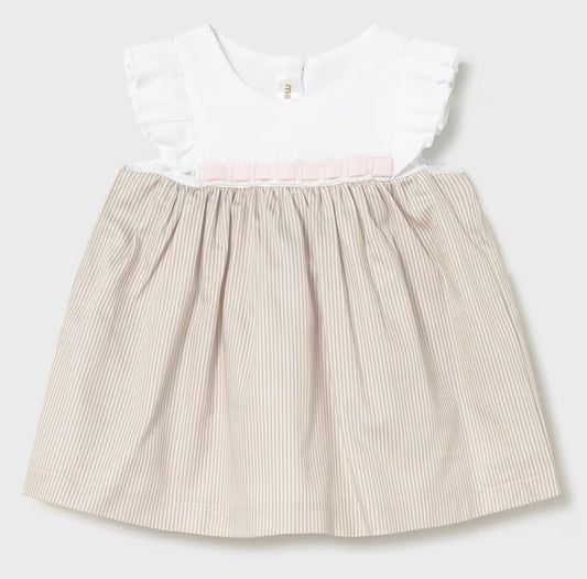 Abito neonata panna e beige con fiocchetti rosa