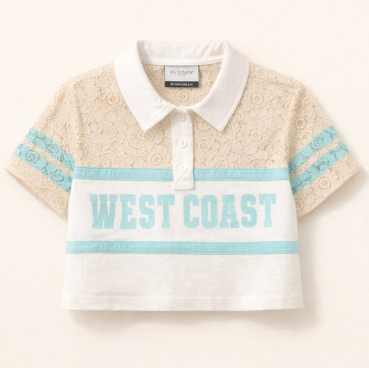 Polo bambina in pizzo con stampa West Coast