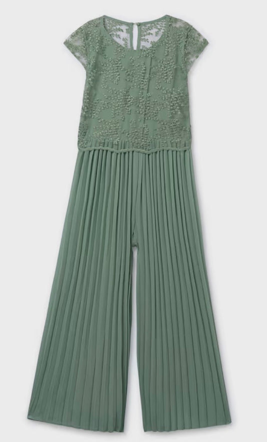 Tuta Elegante Verde Salvia con Pizzo e Pantalone Plissé