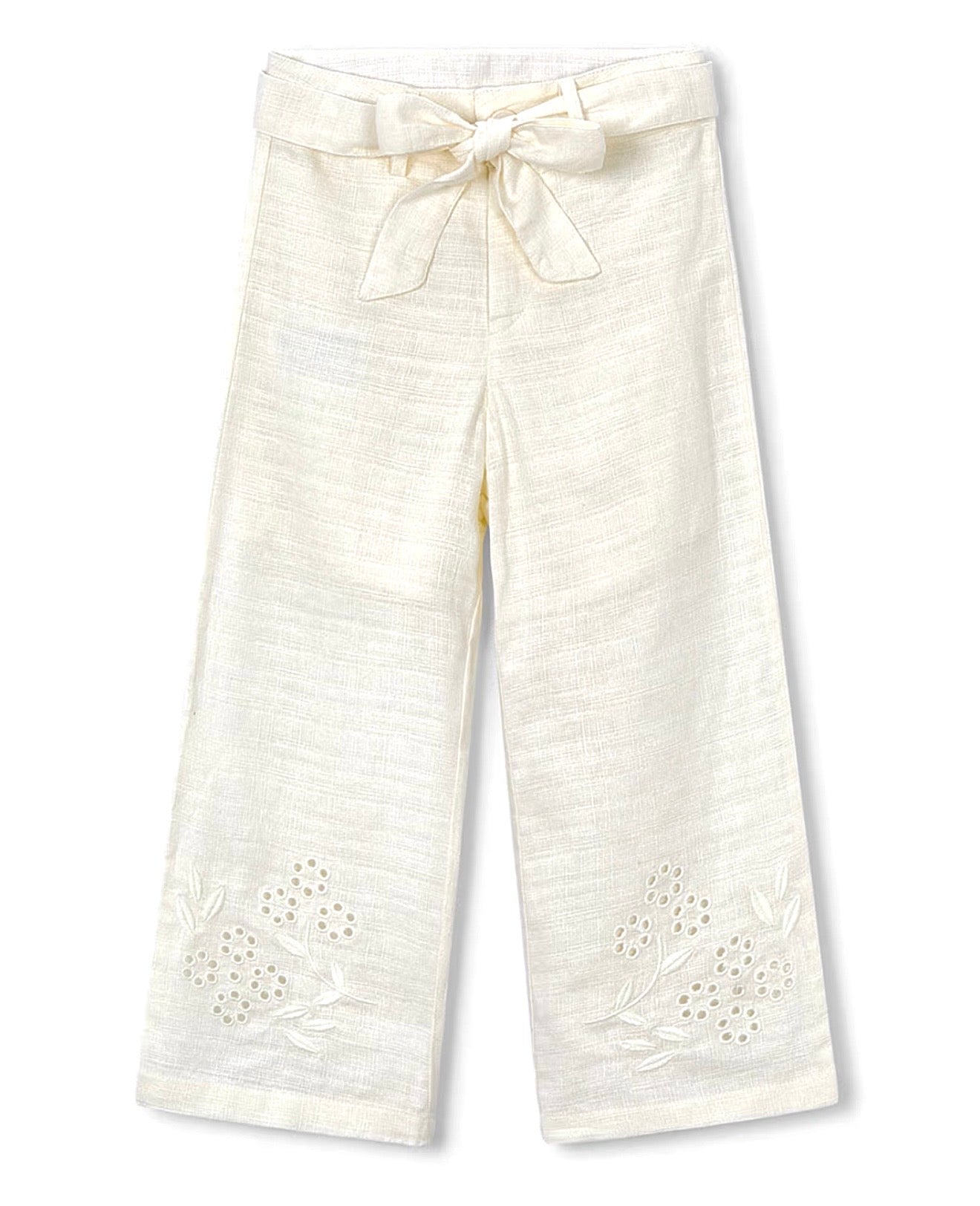 Pantalone bambina in lino con ricami floreali