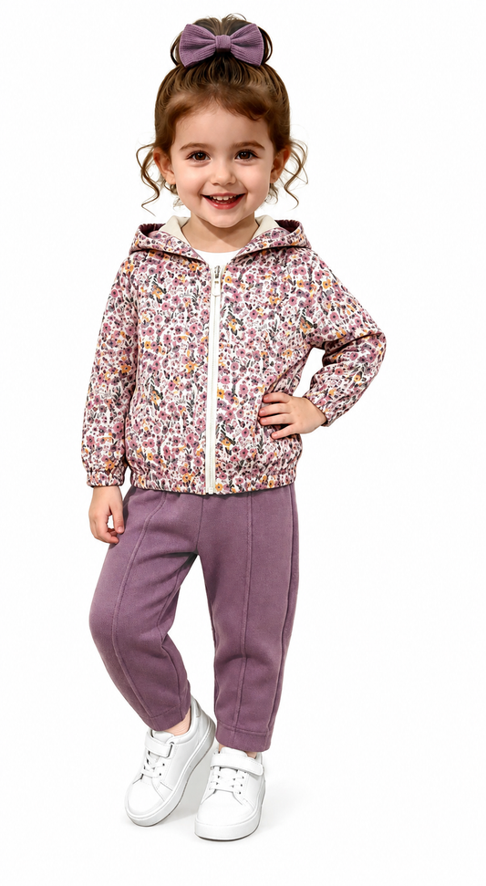 Tuta Bimba Floral Malva con Cappuccio