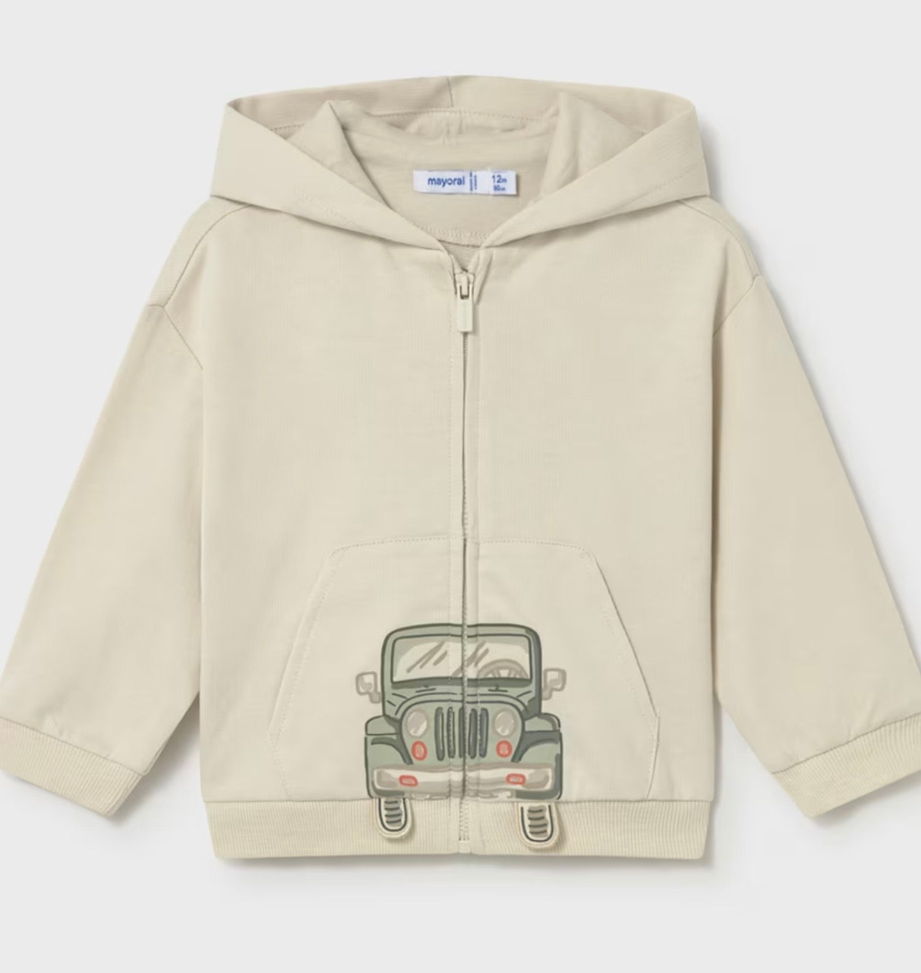 Felpa Neonato Beige con Cappuccio e Stampa Jeep – Zip Frontale
