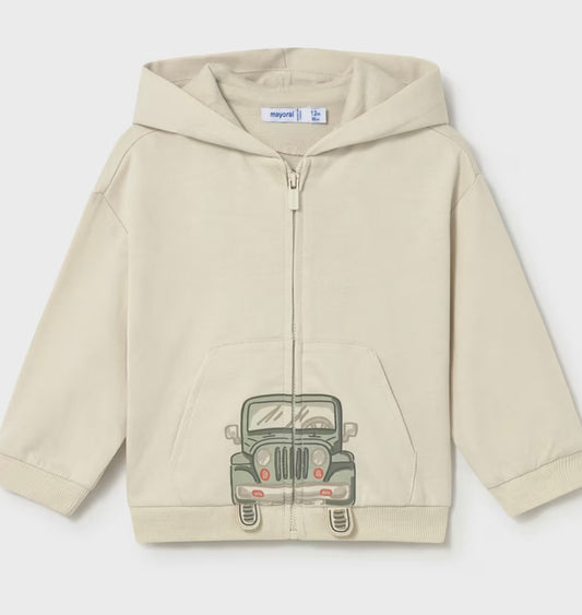 Felpa Neonato Beige con Cappuccio e Stampa Jeep – Zip Frontale
