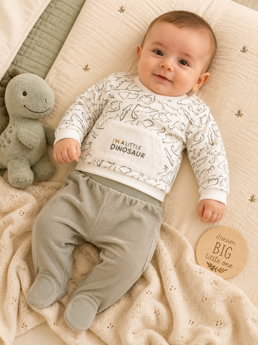 Completo neonato “I’m a Little Dinosaur” con pantalone in ciniglia