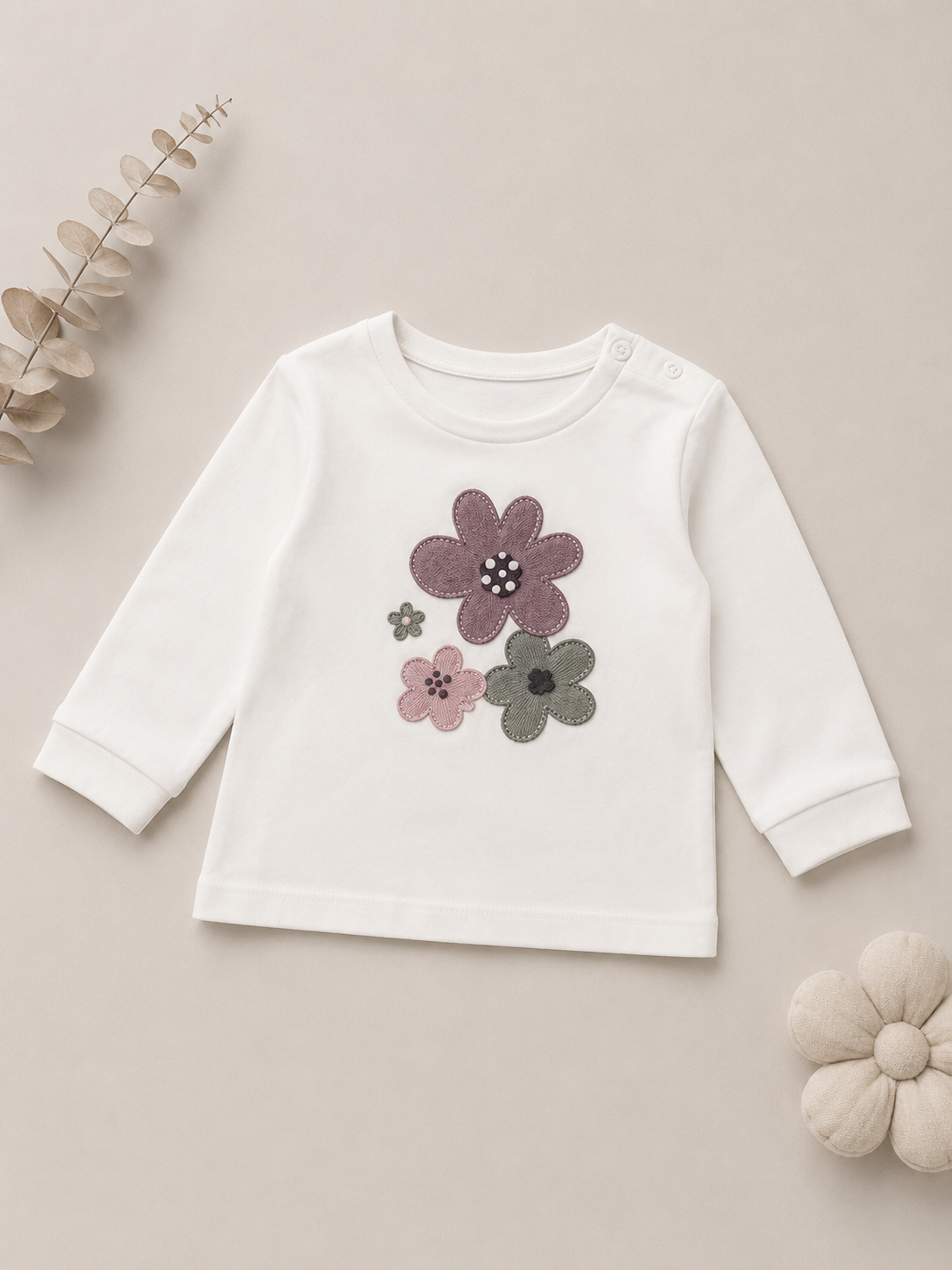 Maglia Bimba Bianca con Fiori ricamati