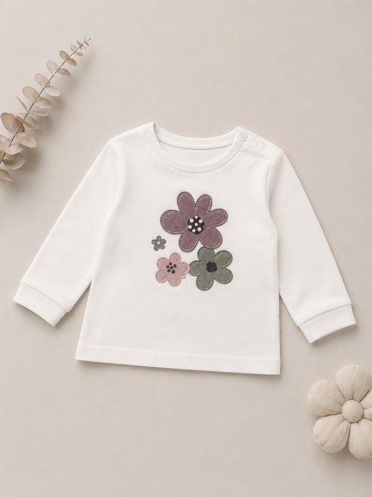 Maglia Bimba Bianca con Fiori ricamati