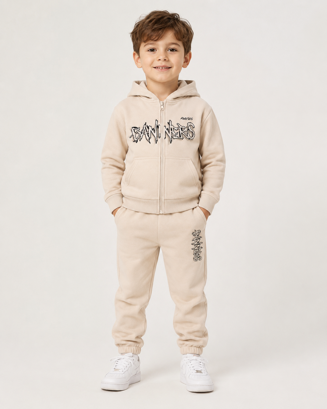 Completo Bambino Beige con Felpa Zip e Cappuccio