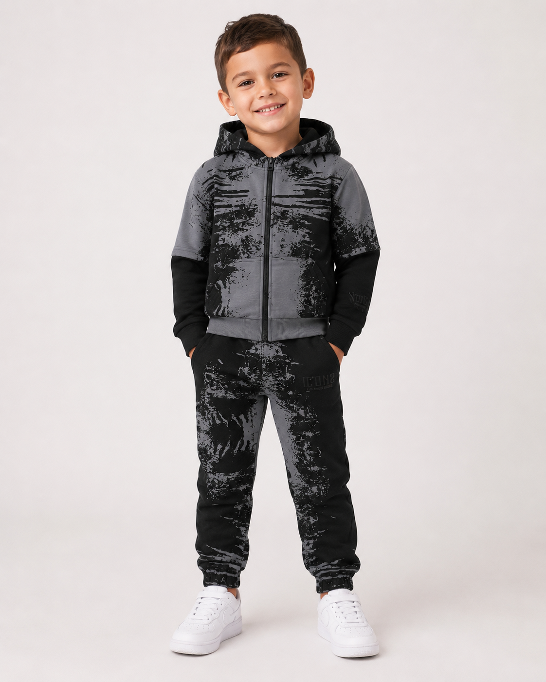 Completo Bambino Felpato Nero e Grigio con Cappuccio