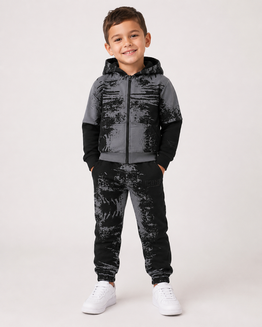 Completo Bambino Felpato Nero e Grigio con Cappuccio