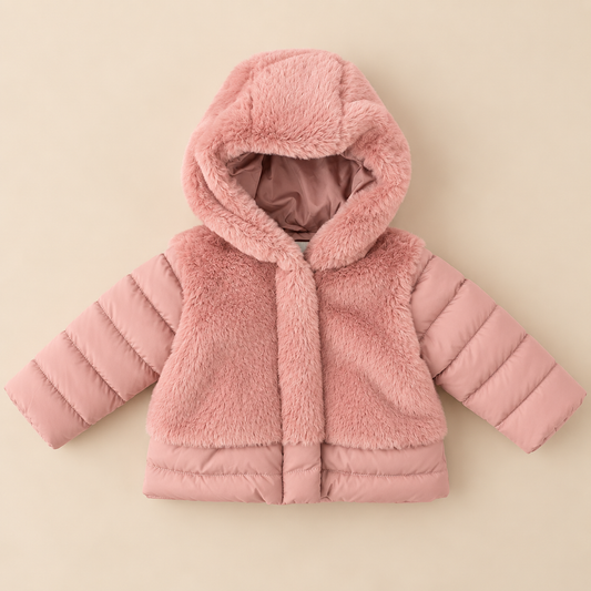 Piumino Bambina Rosa con Ecopelliccia e Cappuccio