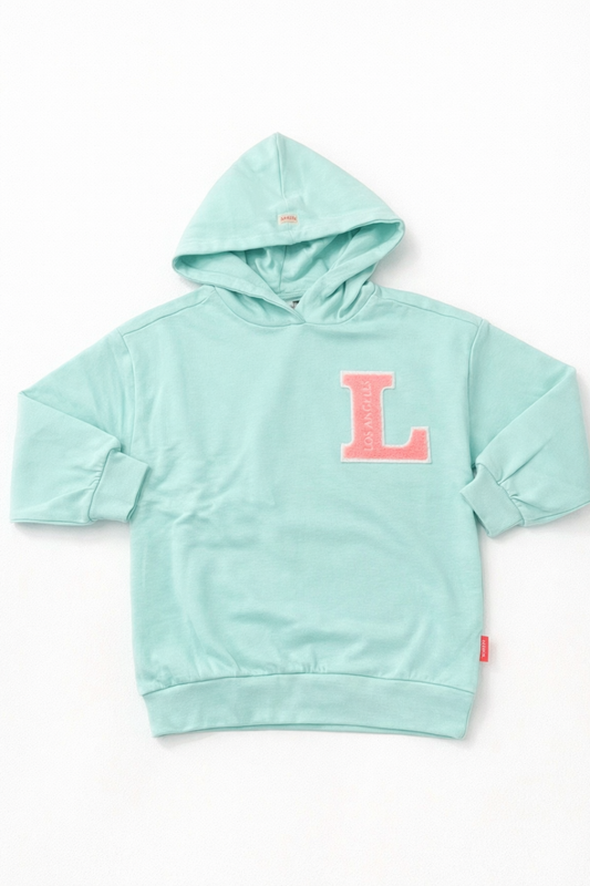 Felpa bambina con cappuccio verde menta e patch